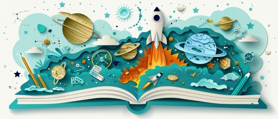 An open book with a paper cut-out illustration of science-themed objects, including a rocket launching into space, planets, stars, and other elements. Back to school.