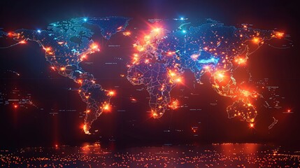 Tech visualization of the world map showcasing glowing connections and networks in vibrant colors, representing global communication.
