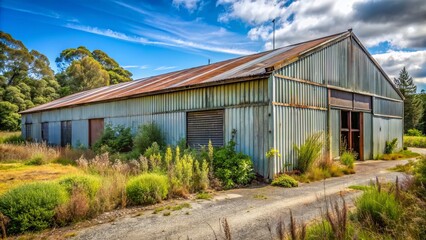 Obraz premium Rural industrial building with corrugated silver metal sheet roof and rusty gutters surrounded by overgrown weeds and gravel driveway.
