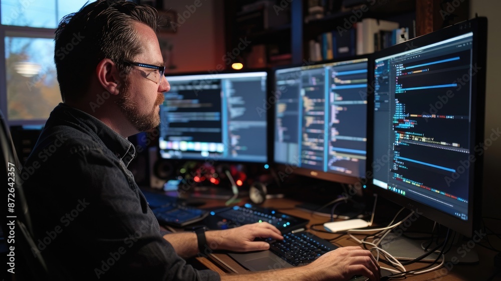 Poster a programmer is coding on dual screens in a dimly lit tech office, surrounded by computerrelated ite