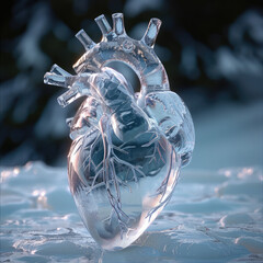 Human heart made of pure white ice with natural background. Generative AI.