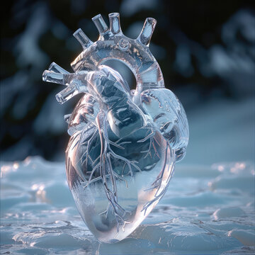 Human heart made of pure white ice with natural background. Generative AI.