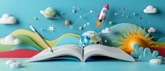 A colorful paper cutout illustration features science and math concepts like planets, a rocket ship, and a sun. It is placed on a book with a pencil, alluding to the start of the school year