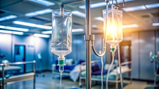 Illuminated iv drip bag suspended from metal pole, clear tubing and wires connected to hospital equipment in sterile background.