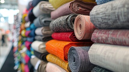 A rack of colorful rolls of fabric. The rolls are of different colors and sizes. The rolls are arranged in a way that they are stacked on top of each other