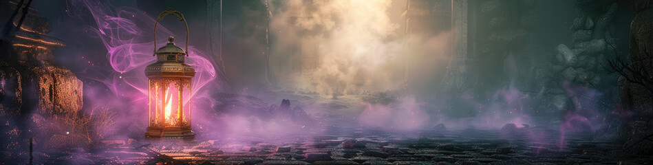 Haunted Halloween lantern with a purple flame, surrounded by ancient ruins and fog. Generative AI.