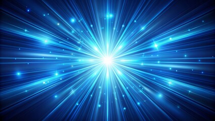 Vibrant blue luminescent rays radiate from center on dark blue gradient background, creating a mesmerizing abstract glowing banner design backdrop.