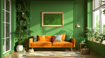 Obraz premium Bright living room with yellow accents, modern furniture, and cozy atmosphere.