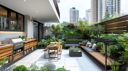 Style small terrace garden with wooden fence, seating area and outdoor kitchen, white tile floor, green plants in pots around space, white walls, high-rise building background. Generative AI.