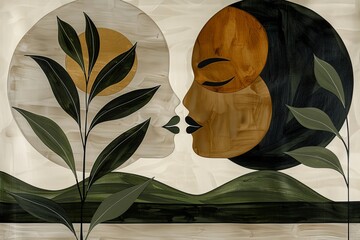 Serene illustration of a woman's face with foliage symbolizing nature beauty and connection with soft natural colors and a peaceful artistic style.