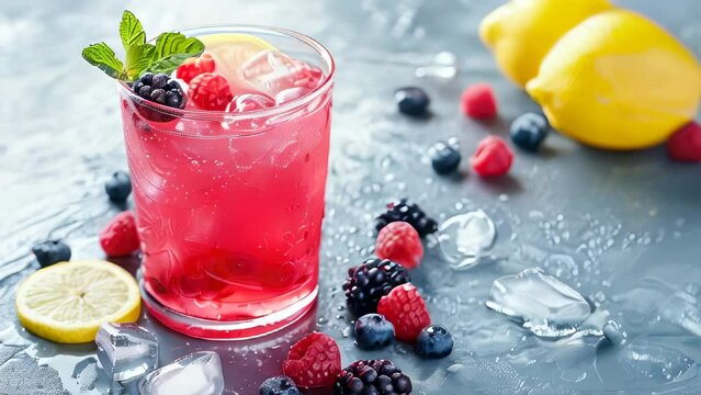 Refreshing pink lemonade with berries and mint on ice