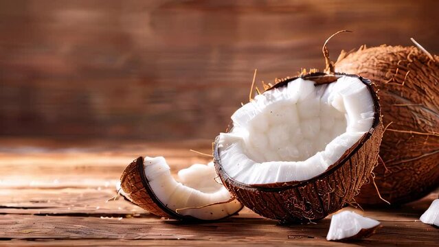 Fresh coconut cracked open on wooden table