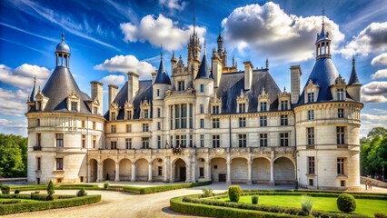 Fototapeta premium Majestic all-white Gothic-style castle arches and windows stand against a bright blue sky in historic Paris backdrop sans humanity.