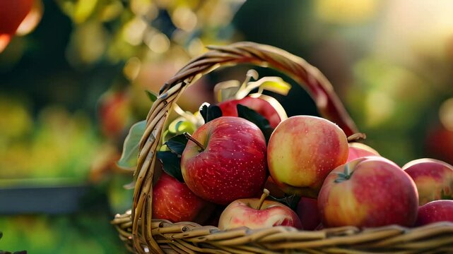 Fresh apples in wicker basket under sunlight orchard