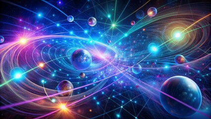 Vibrant swirling nebula of neon blue and purple lines interconnected with glowing orbs representing futuristic data network infrastructure.