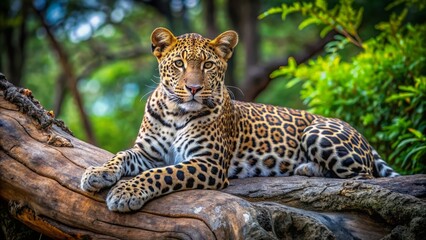 Obraz premium Large leopard lounges serenely on weathered tree trunk, eyes alert, surrounded by rugged rocks and lush foliage in natural habitat.