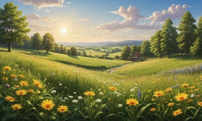 scene nature flora sunny countryside illustration meadow flower