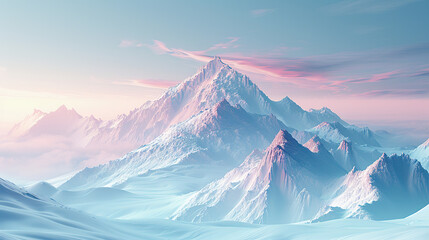 A majestic mountain peak towering above the clouds, bathed in golden sunlight with a soft mist rising from its base