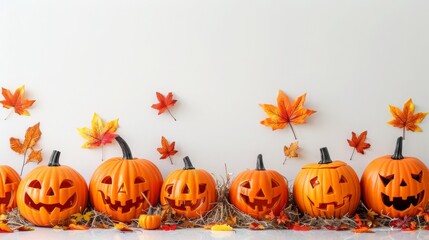 Halloween Themed Pumpkin Arrangement With Autumn Leaves On Hay