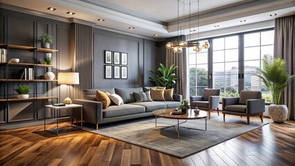 Fototapeta premium Contemporary chic modern living room with sleek gray walls, polished wooden floors, and stylish furniture set in 3D rendering.