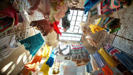 Fototapeta premium Vibrant handwoven fabrics in various colors suspended in a sunlit workshop, creating a lively and artistic ambiance.