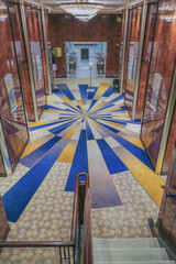 Opulent Art Deco decor interior architecture inside lobby, atrium or foyer on ocean liner...