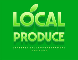 Vector ecologic badge Local Produce. Green 3D Font. Artistic Alphabet Letters and Numbers set. 