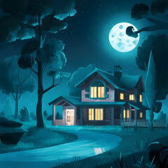 Fototapeta premium Moonlit Cottage in the Woods