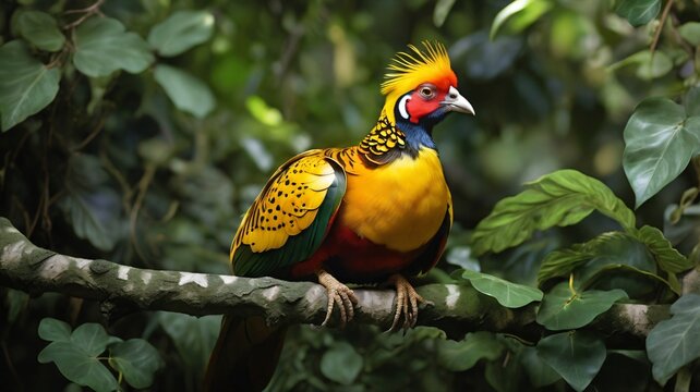 A Golden Pheasant is perched on a tree branch with lots of green leaves, contrasting with the color of its wings