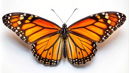 Fototapeta premium Vibrant orange and black monarch butterfly with delicate wings and slender body perched on a pristine white background alone.