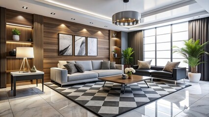 Sleek monochrome lounge boasts wooden accents, black and white painting, and refined grey tiled floor, exuding contemporary sophistication solely.
