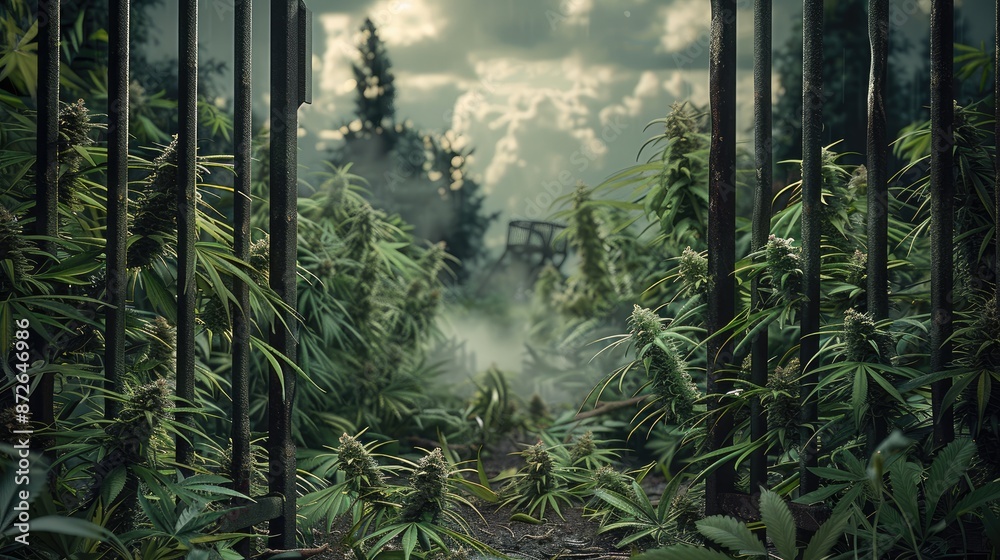 Poster Clean background of gate broken through, cannabis seen on one side of gate, detailed and lifelike, realistic lighting. Generative AI.