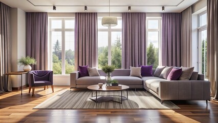 Fototapeta premium Minimalist living room with large windows, natural light, and elegant purple curtains creating a serene and sophisticated atmosphere naturally.