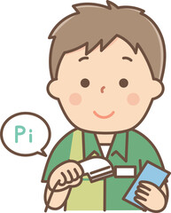 レジ打ちをするアルバイトの男性