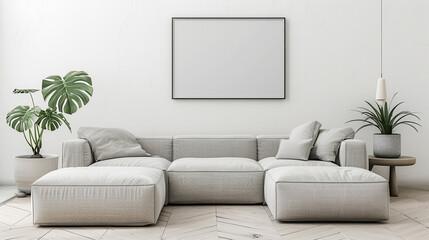 Chic living room with beige furniture, stylish decor, and soft lighting.