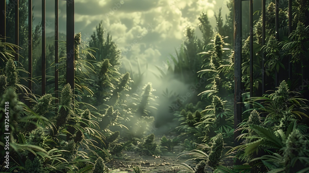 Poster Clean background of gate broken through, cannabis seen on one side of gate, detailed and lifelike, realistic lighting. Generative AI.