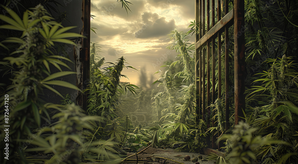 Poster Clean background of gate broken through, cannabis seen on one side of gate, detailed and lifelike, realistic lighting. Generative AI.