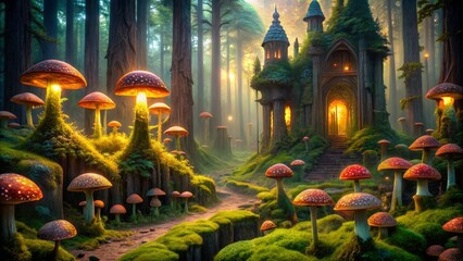 Fototapeta premium Vibrant fungi and moss-entwined ancient ruins nestled among twinkling fireflies and dappled foliage in a mystical forest landscape at dusk.