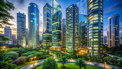Fototapeta premium Modern sleek skyscrapers with neon lights and curved glass facades rising amidst lush greenery in a futuristic urban landscape.