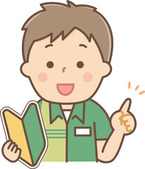 初心者マークを持ってポイントを説明するアルバイトの男性