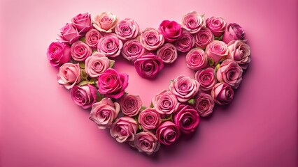 Obraz premium Vibrant pink roses arranged in a heart shape on a soft pink background with ample copy space for romantic valentine messages.