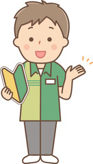 初心者マークを持って案内をするアルバイトの男性全身