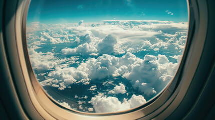 An aerial view from an airplane window, showing stunning landscapes and cloud formations below