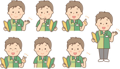 初心者マークを持っているアルバイトの男性の表情セット