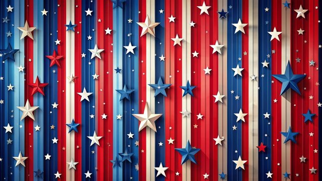 Vibrant patriotic backdrop featuring red, white, and blue vertical stripes with scattered white stars of various sizes in random arrangement.
