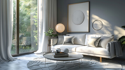 Chic living room with white and green color scheme, modern furniture, and plants.