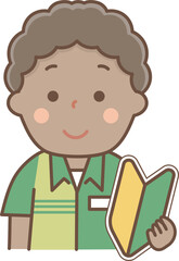 初心者マークを持っているアルバイトの外国人男性