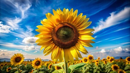 Obraz premium Vibrant yellow petals and dark centered flower head of a mature sunflower standing tall against a soft blue sky background.