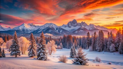 Vibrant orange and pink hues illuminate the serene winter landscape as the sun dips behind snow-capped mountains and frosty trees.