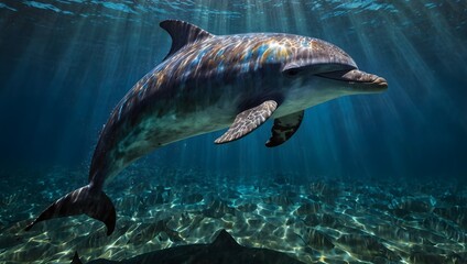 A poem inspired by the shimmering, iridescent skin of a rare colorful dolphin spotted in tropical waters ai_generated